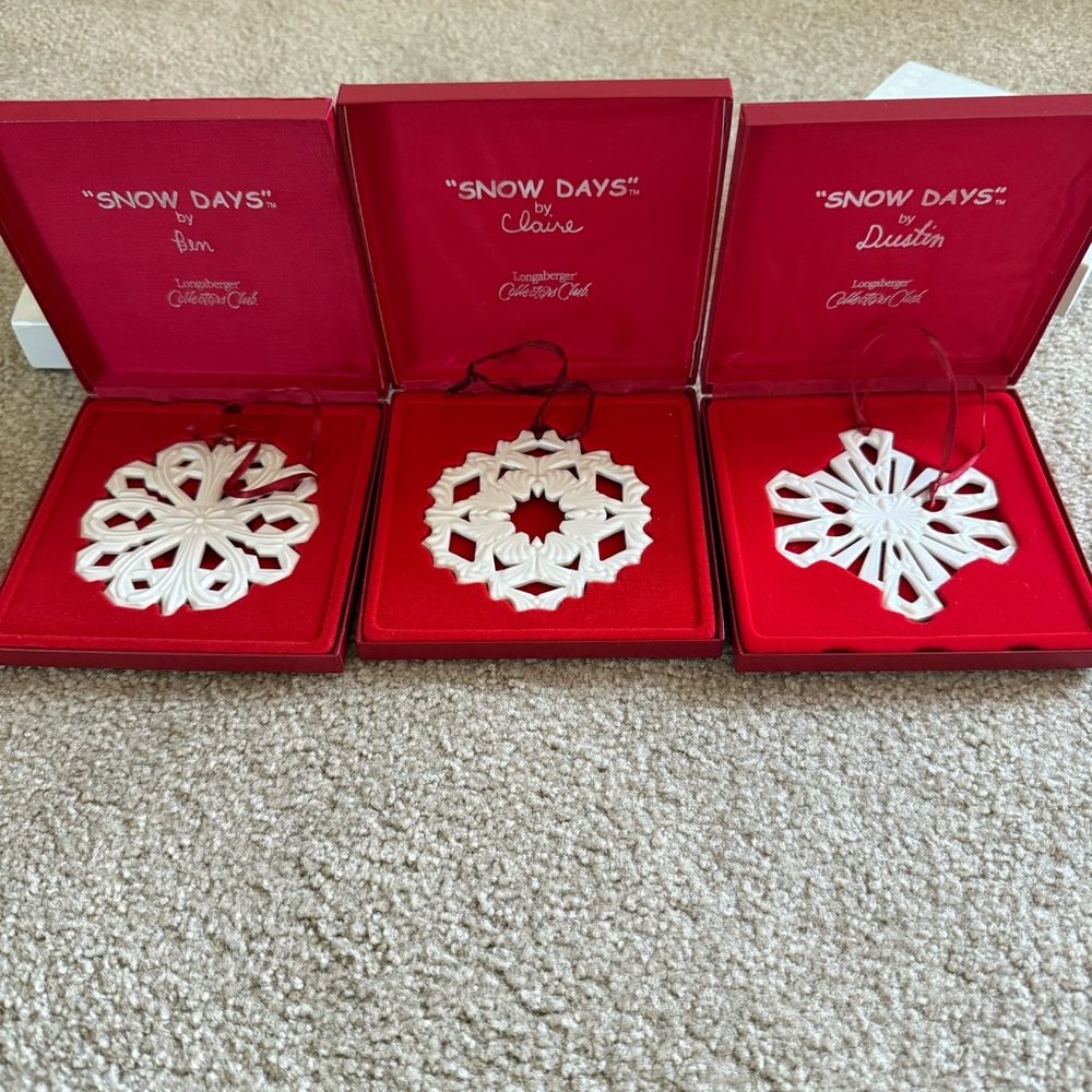 2001, 2002,2004 Longaberger snow days collectors club ornaments - snowflakes
